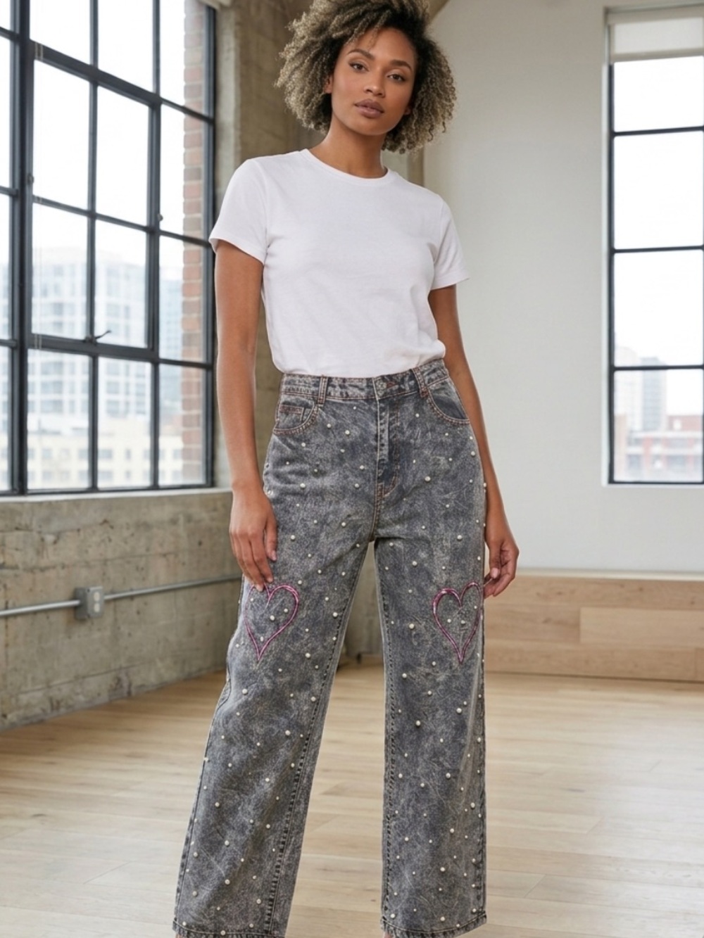 💕NEW! Pearl-Embellished Washed Black Jeans with Heart Detail